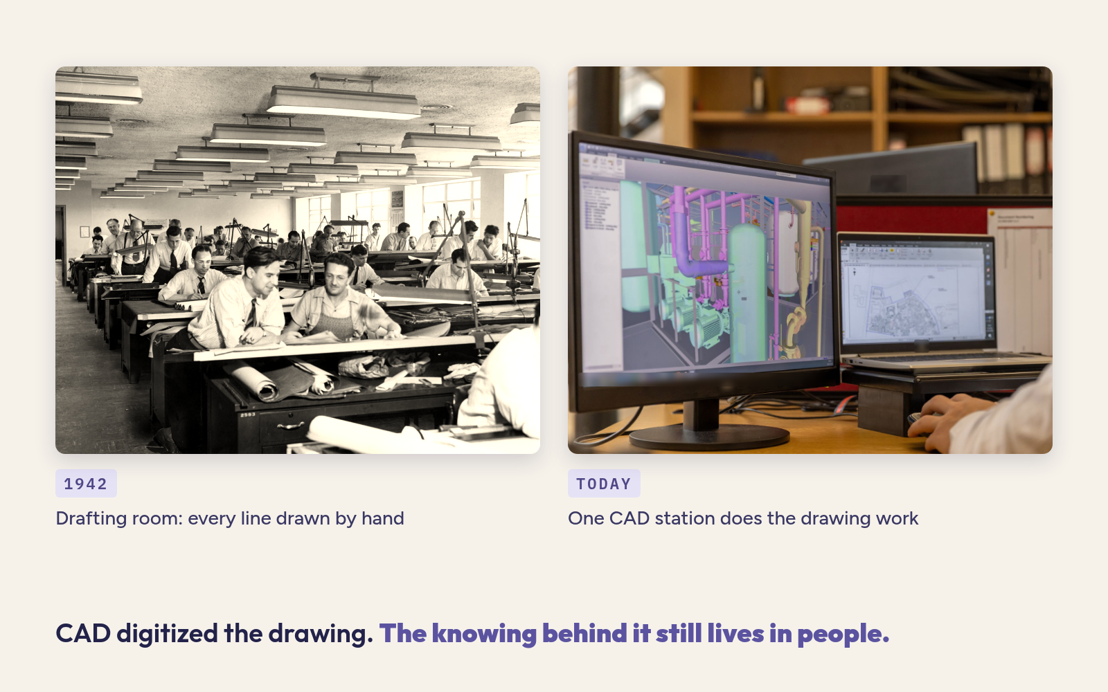 A 1942 drafting room with rows of drafting boards beside a single engineer at a CAD station today.